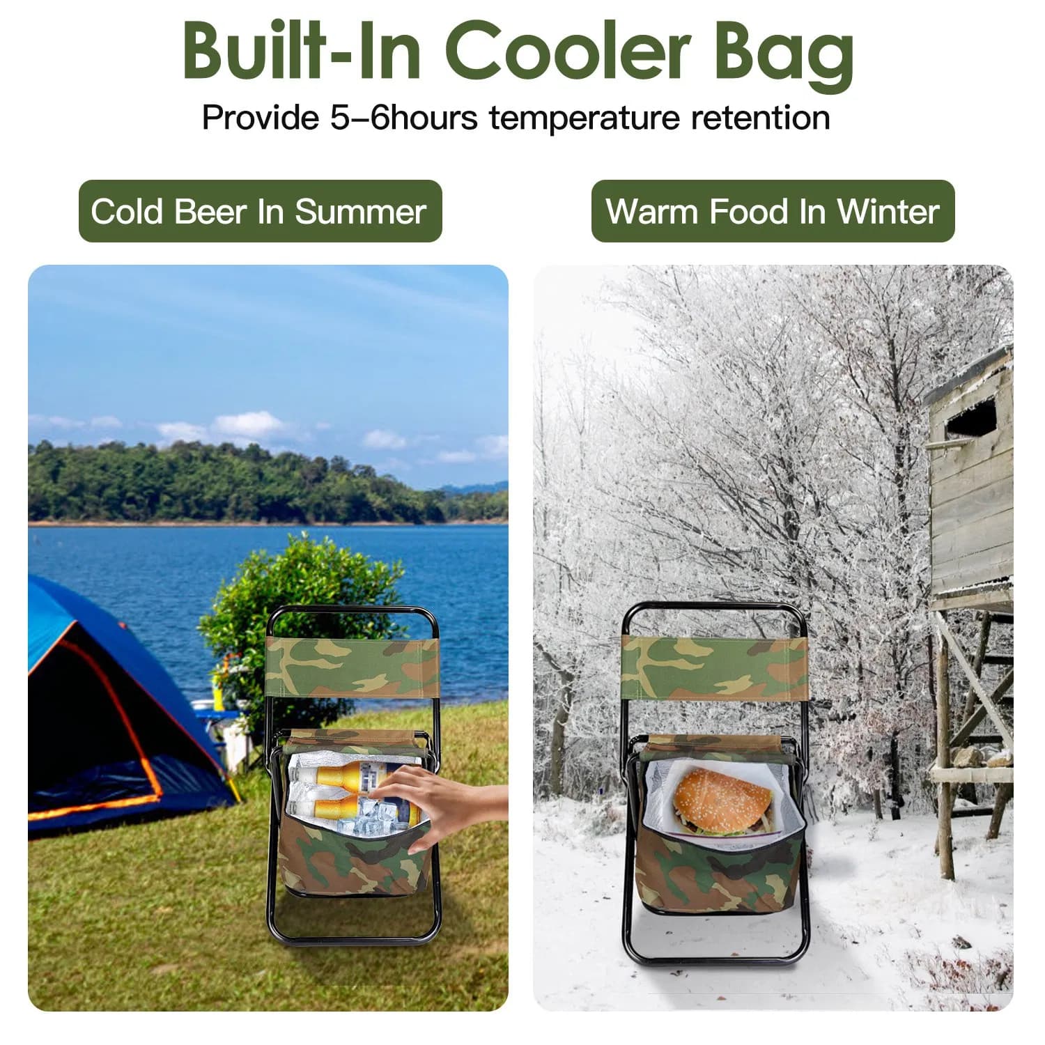 Collapsible Fishing Chair with Built-in Insulated Cooler Bag, Portable Oxford Outdoor Chair with Backrest,