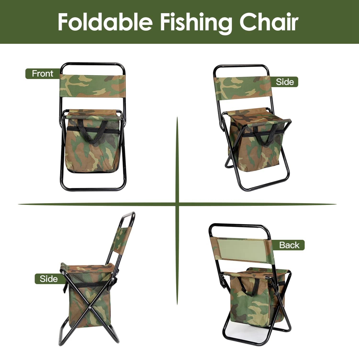 Collapsible Fishing Chair with Built-in Insulated Cooler Bag, Portable Oxford Outdoor Chair with Backrest,