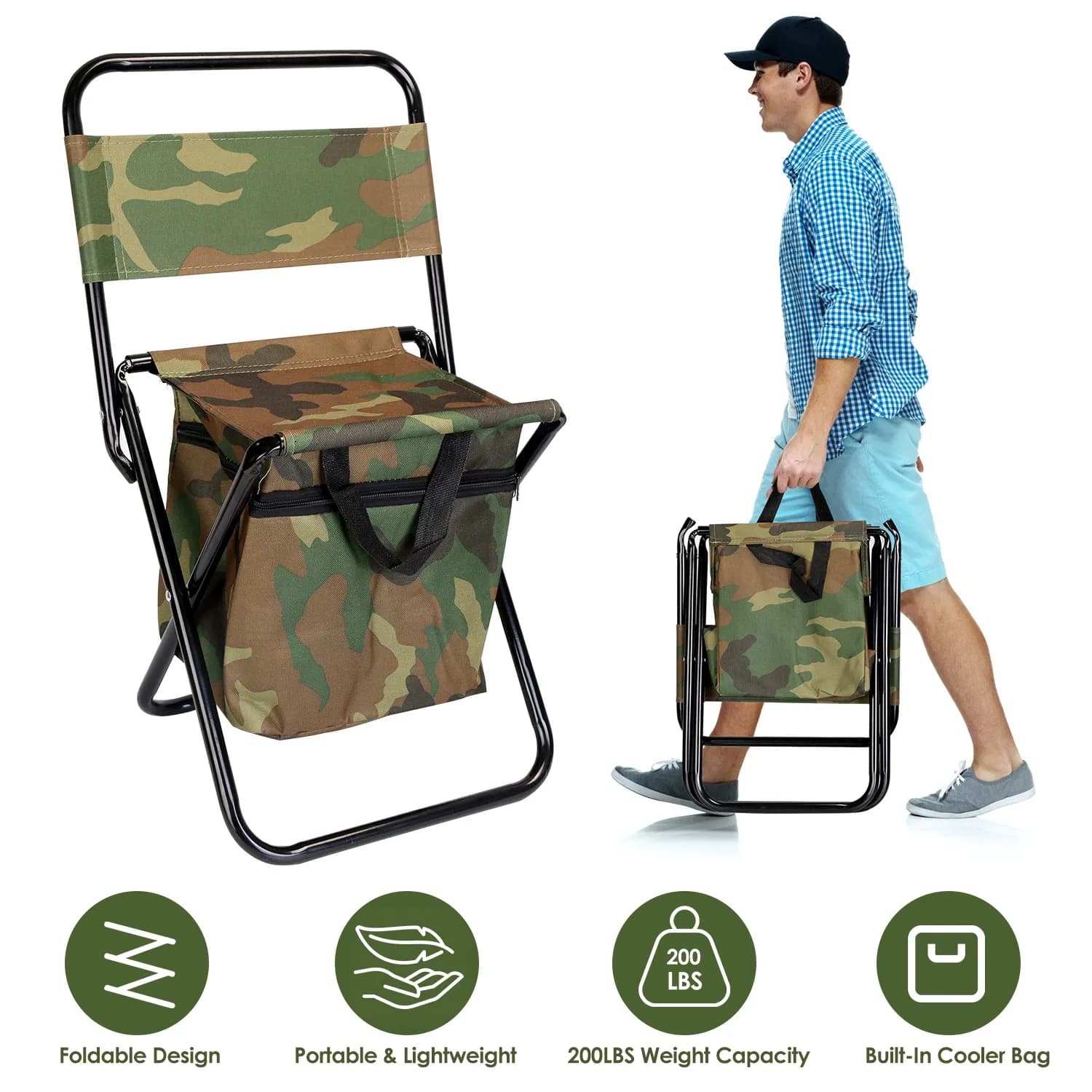 Collapsible Fishing Chair with Built-in Insulated Cooler Bag, Portable Oxford Outdoor Chair with Backrest,